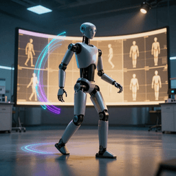 Humanoid robot performing dynamic whole-body motion with holographic trajectory visualization in a research laboratory