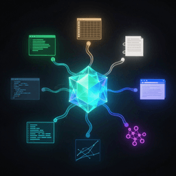 Abstract illustration of an AI agent branching into seven sequential task pathways representing terminal use, spreadsheets, documents, browsing, code, analytics, and tool orchestration
