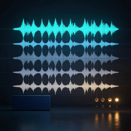 Abstract visualization of eight stacked audio waveform layers in descending brightness, connected by vertical grid lines, representing residual vector quantization codebooks