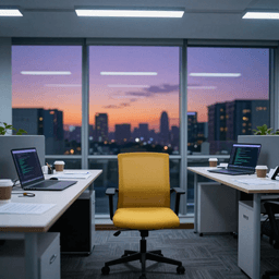An empty office chair at a desk with laptops and research papers, Shanghai skyline visible through the window