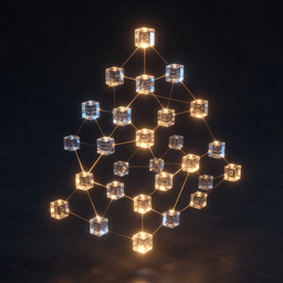 A formal proof tree rendered as a luminous 3D directed acyclic graph with interconnected proof nodes