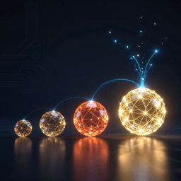 Visualization of four compact neural network nodes of increasing size, representing the Qwen 3.5 small model family from 0.8B to 9B parameters