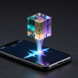 Stylized illustration of a small crystalline cube refracting image, video, and text streams above a smartphone screen