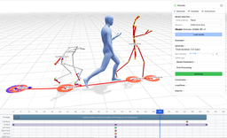 Screenshot of the Kimodo interactive demo showing a timeline editor for motion authoring