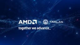 AMD and Taalas logos side by side on a dark blue network-graphic background with the tagline together we advance