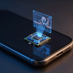 Tiny AI processor chip on a smartphone projecting visual analysis of an image