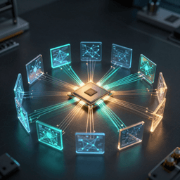 Visualization of a single GPU running autonomous AI experiments with radiating data streams