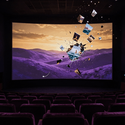 A fragmenting theater screen dissolving into luminous particles, symbolizing the end of Sora's AI video generation service