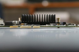 Close-up of a GPU heatsink on a circuit board
