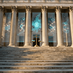 A courthouse facade with holographic AI neural network displays between its columns, symbolizing the intersection of law and artificial intelligence