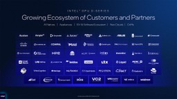 Intel slide titled Intel GPU D-Series: Growing Ecosystem of Customers and Partners, showing logos of OEMs, ISVs, neoclouds and software vendors
