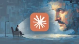 Editorial illustration of a person seated before a large screen resolving into a pixelated human face
