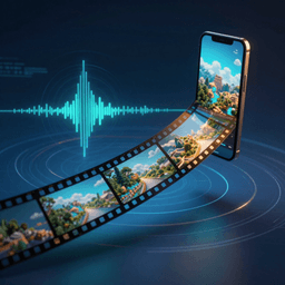 Conceptual illustration of AI video generation with synchronized audio, showing a glowing film strip with sound waves