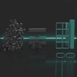 Abstract three-stage composition: a disordered pile of dark cubes on the left, partially settled teal bars in the middle, and an ordered grid of glowing teal panels on the right