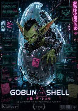 Mock movie poster titled 'Goblin in the Shell' showing a cyberpunk goblin emerging from a transparent capsule