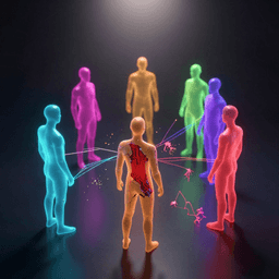 Illustration of six autonomous AI agents in a chaotic network of interweaving data streams