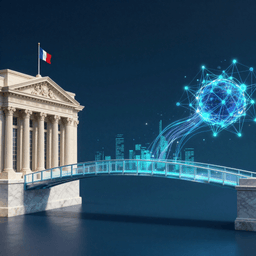 Illustration of a bridge connecting government open data and AI neural networks