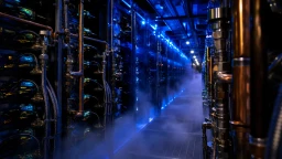 A liquid-cooled server aisle lit in blue, with copper coolant piping running along racks of accelerators