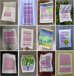 A grid of twelve photographs of folded, curled and crumpled paper documents, each overlaid with coloured polygons marking text blocks, titles and figures detected by TeleOCR