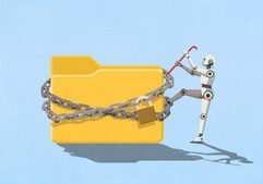 Illustration of a robot using a crowbar to pry open a padlocked and chained file folder