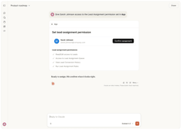 An MCP App rendered inline in a Claude conversation, showing a permission-assignment form with a confirm button and a checklist of lead assignment permissions