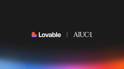 Co-branded graphic showing the Lovable logo and the AIUC-1 wordmark side by side in white on a dark background with a blue-to-orange gradient along the lower edge