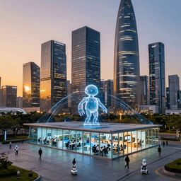 Futuristic Shenzhen cityscape with holographic AI agent icon and startup incubator spaces