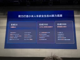 Presentation slide comparing the three Xuanjie chips side by side — O3 as AI flagship SoC, O100 as 1.22TB/s high-bandwidth AI accelerator, and D100 as high-compute automotive AI chip — each with a bulleted specification list.