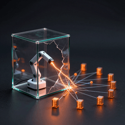 A white robotic arm inside a glass containment cube, projecting a beam of light through a crack in the glass out to a network of illuminated server racks on the surrounding surface