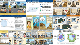 A 3-by-3 grid of nine dense infographics covering geometry, physics, biology, medicine, group theory and finance, all generated in one pass