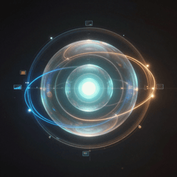 Abstract visualization of a self-referential neural network feedback loop with nested glowing spheres and data streams