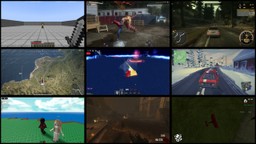 Grid of nine video game scenes including a block world, racing games, a flight view and a first-person shooter