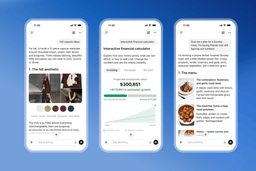 Three phone screens showing ChatGPT Intelligent UI responses: a fashion capsule wardrobe, an interactive financial calculator, and a Sunday roast meal plan