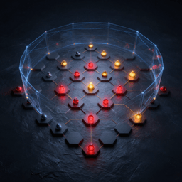Abstract illustration of a hexagonal grid of AI agent nodes with select cells illuminated, enclosed by a translucent containment ring representing oversight