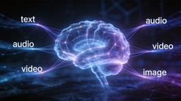 Visualization of omnimodal AI processing text, audio, video, and image inputs through a neural network