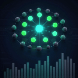 Visualization of a sparse mixture-of-experts network with a few active glowing nodes among many inactive ones, above a faint benchmark-style bar chart