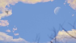 Abstract collage of a pale blue sky with a daytime moon and bare branches, assembled from overlapping rectangular photo fragments