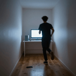 Person running urgently toward a Mac mini as email rows disappear from the monitor screen