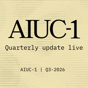 AIUC-1 announcement card reading 'Quarterly update live — AIUC-1 | Q3-2026' in black type on a pale yellow background patterned with faint ASCII characters