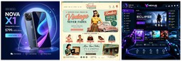 Three designs generated by Ming-Image-0.1-Design: a smartphone product banner, a retro clothing-store web page, and a virtual-reality game dashboard, each with dense rendered text