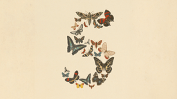 Anthropic Claude Fable 5 launch artwork: an arrangement of vintage butterfly illustrations forming the numeral 5 on a cream background