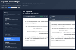 Screenshot of an HTML and CSS rendering engine written by Laguna S 2.1, showing canvas output side by side with the hosting browser's rendering of the same text alignment test