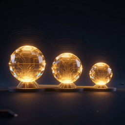 Three glowing crystalline orbs of decreasing size, representing the Sol, Terra, and Luna model tiers, connected by luminous data traces