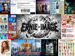 Mosaic of sample images generated by Baidu's ERNIE-Image showing diverse styles including posters, photographs, and illustrated scenes