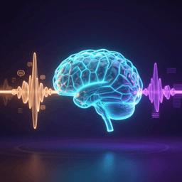 Stylized illustration of a glowing audio waveform splitting into three luminous ribbons representing voice reasoning, translation, and transcription.