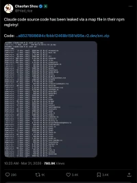 Screenshot of Chaofan Shou's tweet announcing the Claude Code source code leak via npm source maps