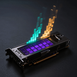 A single consumer graphics card on a dark surface with two streams of glowing token blocks rising from it — one dense and teal, one sparse and amber — representing accepted and rejected speculative tokens