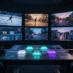 Conceptual illustration of a multimodal film production control room with holographic video editing interfaces connected by glowing fiber-optic nodes
