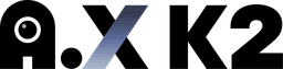 The A.X K2 wordmark, with a gradient-filled X, on a white background