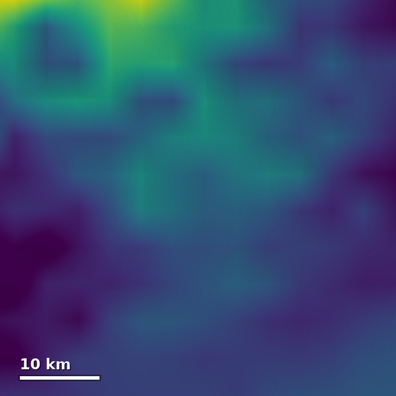 Blurred blue-green heatmap of Venusian terrain from Magellan altimetry at 10 to 20 kilometre resolution, with a 10 kilometre scale bar; no distinct landform is visible